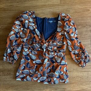 Anthropologie Eva Franco Tropical Birds Sweetheart Neck Blouse Puff Sleeves
